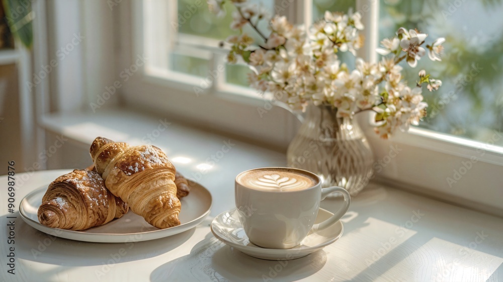 two croissants on a plate next to a cup of coffee two croissants on a plate next to a cup of coffee