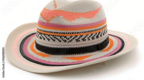 Colorful Woven Hat Displayed on Table in Bright Store Interior