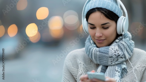 Young Woman Enjoying Music Outdoors in Autumn While Using Smartphone