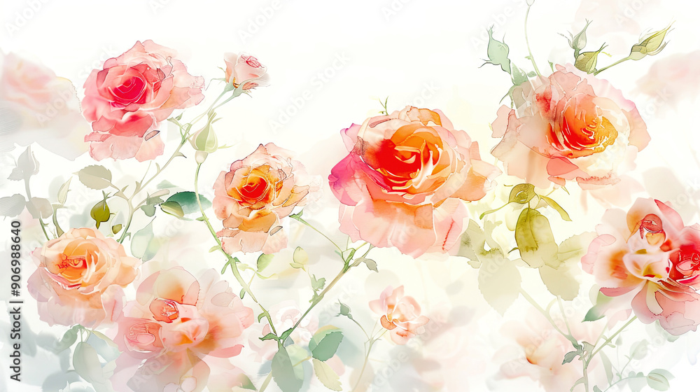 Watercolor garden roses with soft blending, gentle transitions, airy feel, white background Watercolor garden roses with soft blending, gentle transitions, airy feel, white background