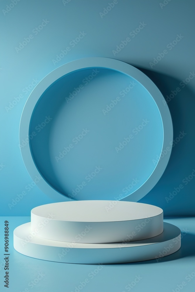 A pedestal or podium in the form of a two-tiered cylinder with a circle behind it for displaying various objects in light blue tones A pedestal or podium in the form of a two-tiered cylinder with a circle behind it for displaying various objects in light blue tones