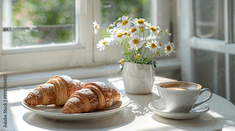 a plate of croissants and a cup of coffee on a table a plate of croissants and a cup of coffee on a table
