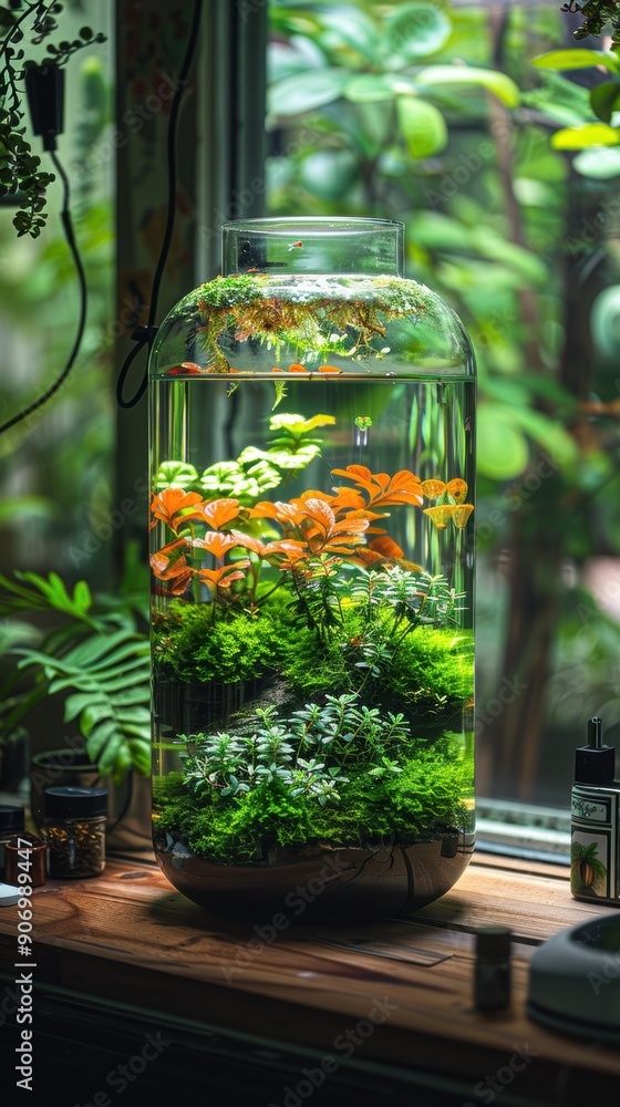 A beautifully designed terrarium in a large glass jar sits on a wooden windowsill, showcasing vibrant green moss, various small plants, and bright foliage under natural sunlight A beautifully designed terrarium in a large glass jar sits on a wooden windowsill, showcasing vibrant green moss, various small plants, and bright foliage under natural sunlight