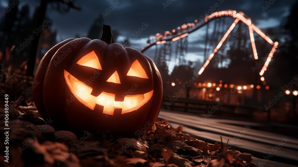 Fototapeta premium A Halloween-themed amusement park with spooky rides, decorations, and costumed staff, high-resolution photo, realistic photo