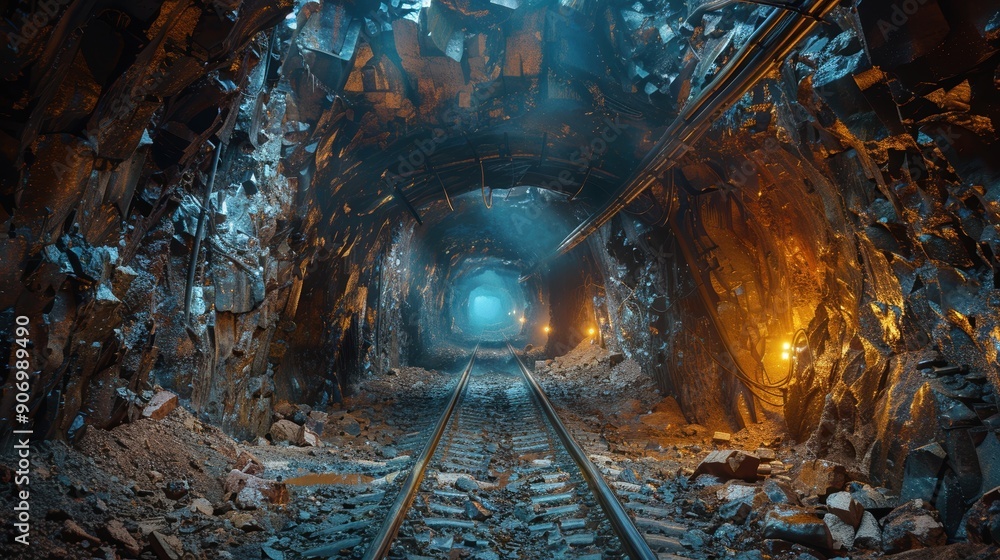 Naklejka premium A beautifully lit underground railway tunnel with rugged rock walls and scattered debris, illuminated by warm lights creating a mystical, adventurous ambiance