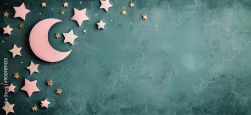 Decorative Moon And Stars Against Textured Green Background