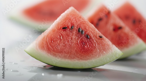 Fresh Watermelon Slice on White Surface With Droplets