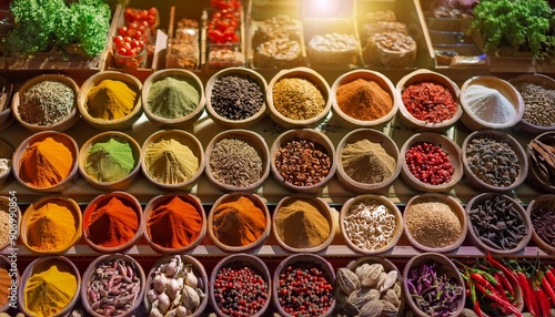 Fototapeta Naklejka Na Ścianę i Meble -  Various spices, peppers and herbs close-up top view. Eastern spice market. A set of peppers and spices for cooking.