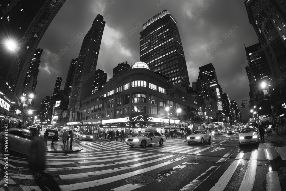 Obraz premium A bustling nighttime cityscape captures the energy and movement of a busy intersection in an urban environment with towering skyscrapers and illuminated signage