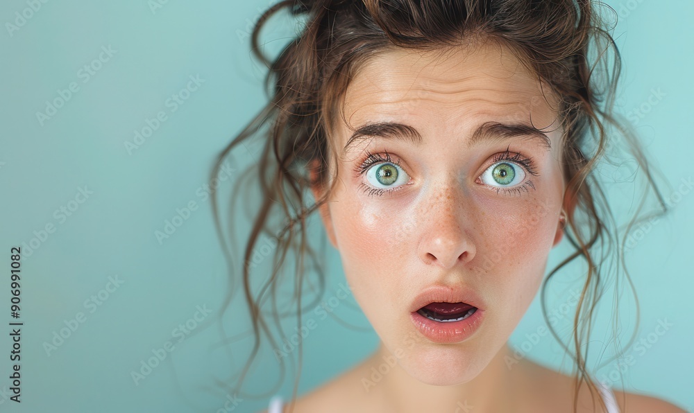Surprised young woman with wide eyes and messy hair. Surprised young woman with wide eyes and messy hair.