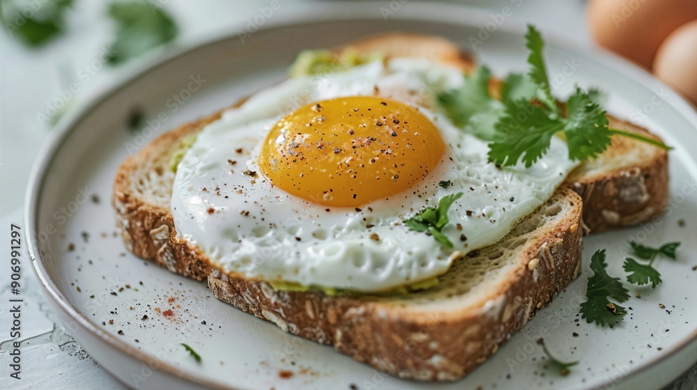 a white plate topped with a piece of bread and an egg a white plate topped with a piece of bread and an egg