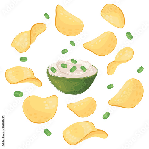 Potato chips with sour cream and green onion flavor. Fast food. Vector image for packaging, menu, restaurant