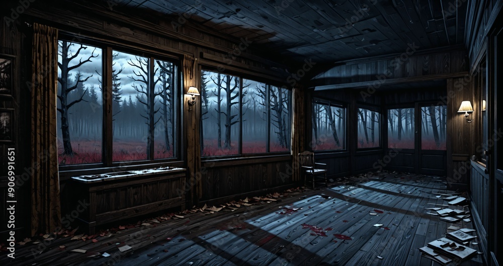 dark hallway corridor room in abandoned wooden cabin house in the woods forest during autumn sunset with red and orange fall trees. dark hallway corridor room in abandoned wooden cabin house in the woods forest during autumn sunset with red and orange fall trees.