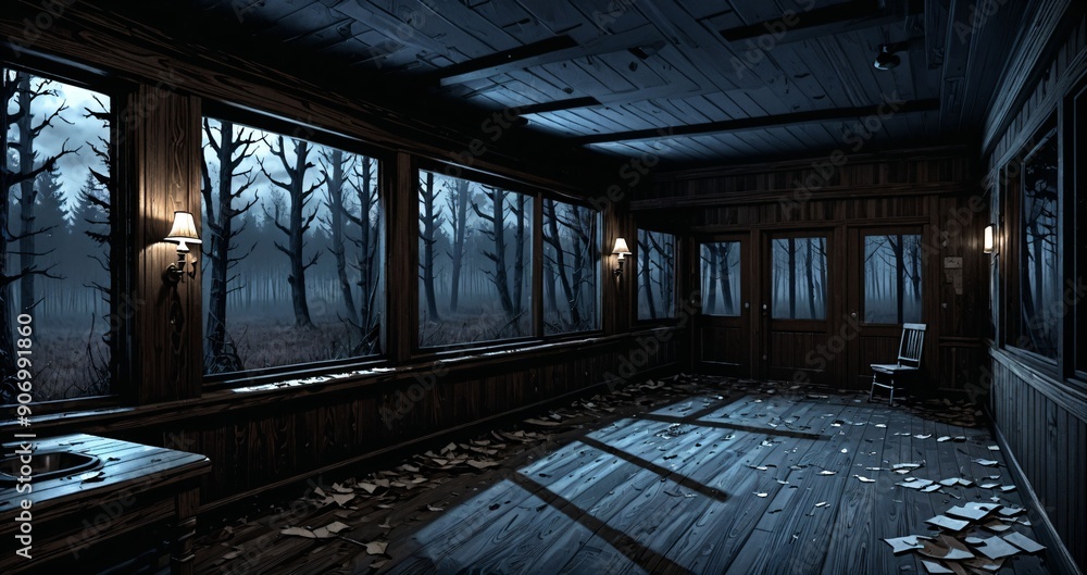 dark hallway corridor room in abandoned wooden cabin house in the woods forest during autumn sunset with red and orange fall trees. dark hallway corridor room in abandoned wooden cabin house in the woods forest during autumn sunset with red and orange fall trees.