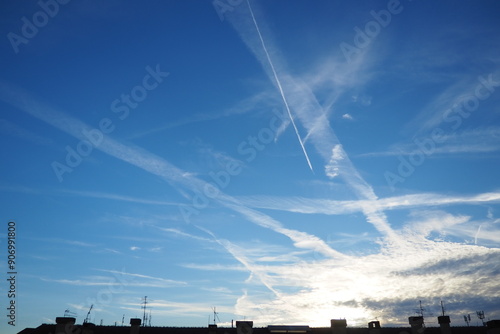 Chemtrail conspiracy theory. Long-lasting condensation trails left in sky by high-flying aircraft are actually chemtrails consisting of chemical or biological agents, sprayed for nefarious purposes