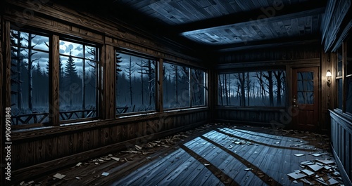dark hallway corridor room in abandoned wooden cabin house in the woods forest during autumn sunset with red and orange fall trees.