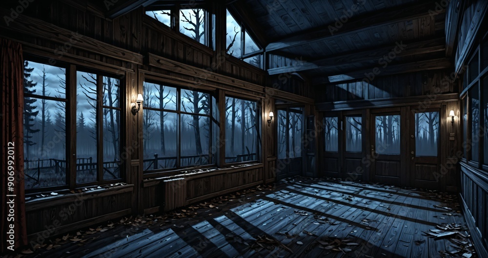 dark hallway corridor room in abandoned wooden cabin house in the woods forest during autumn sunset with red and orange fall trees. dark hallway corridor room in abandoned wooden cabin house in the woods forest during autumn sunset with red and orange fall trees.