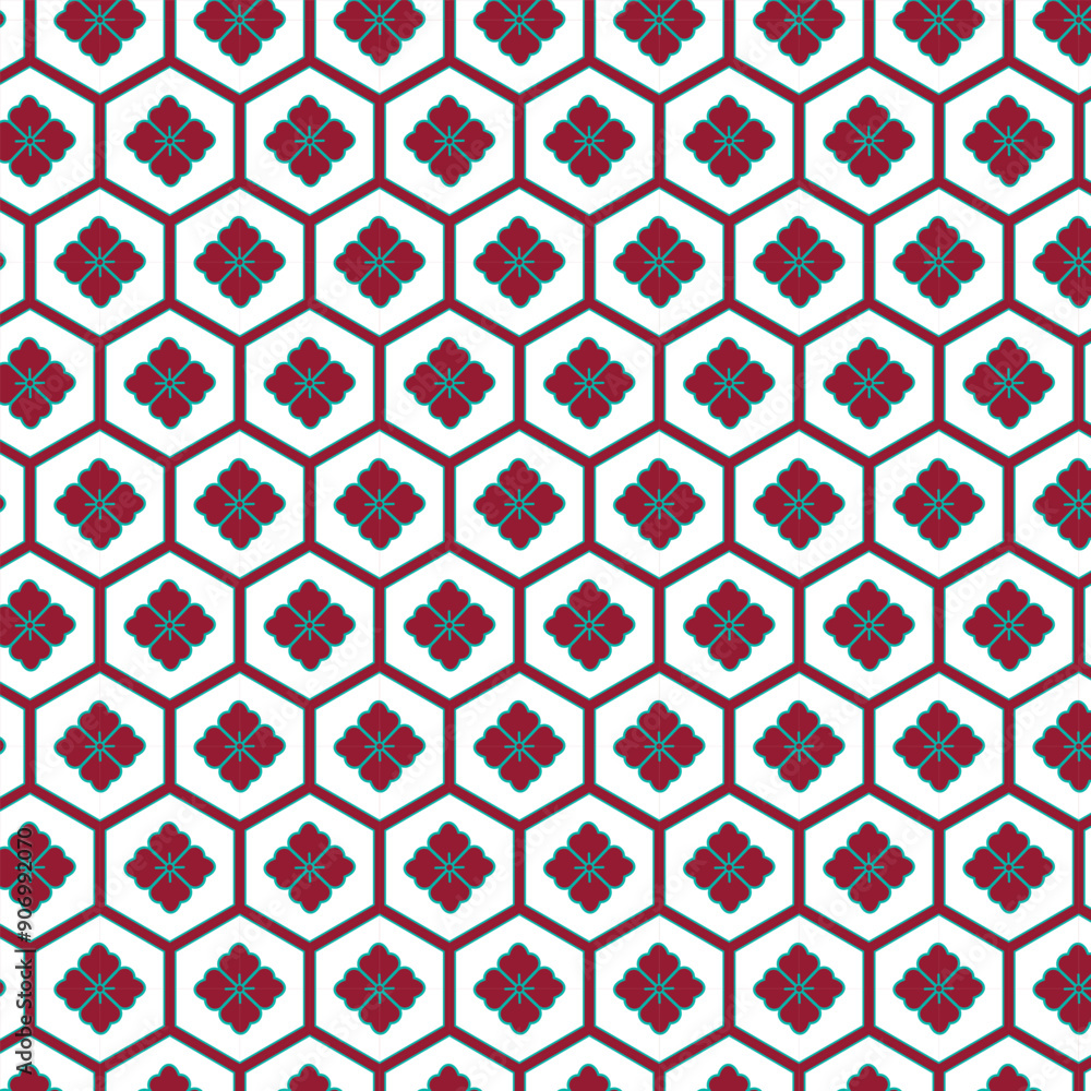 Japanese Kikko and Hanabishi Hexagon Pattern, Burgundy, Turquoise, and White Japanese Kikko and Hanabishi Hexagon Pattern, Burgundy, Turquoise, and White