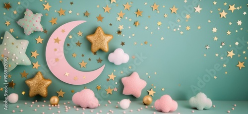 Decorative Moon And Stars Against Textured Green Background