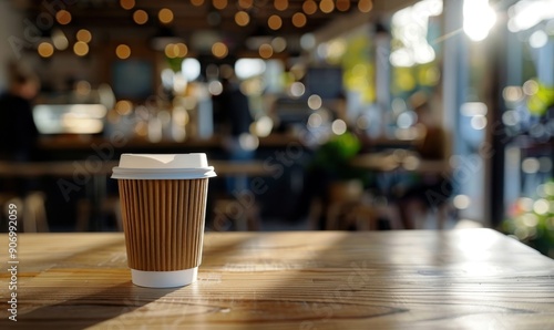 Sunlit modern coffee shop with a takeaway cup on a wooden table and blurred customers in the background, Generative AI