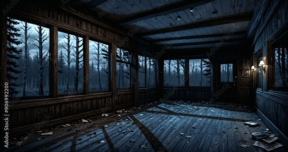 dark hallway corridor room in abandoned wooden cabin house in the woods forest during autumn sunset with red and orange fall trees. dark hallway corridor room in abandoned wooden cabin house in the woods forest during autumn sunset with red and orange fall trees.