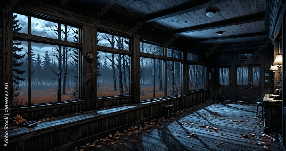 dark hallway corridor room in abandoned wooden cabin house in the woods forest during autumn sunset with red and orange fall trees. dark hallway corridor room in abandoned wooden cabin house in the woods forest during autumn sunset with red and orange fall trees.