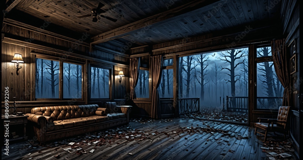 dark hallway corridor room in abandoned wooden cabin house in the woods forest during autumn sunset with red and orange fall trees. dark hallway corridor room in abandoned wooden cabin house in the woods forest during autumn sunset with red and orange fall trees.