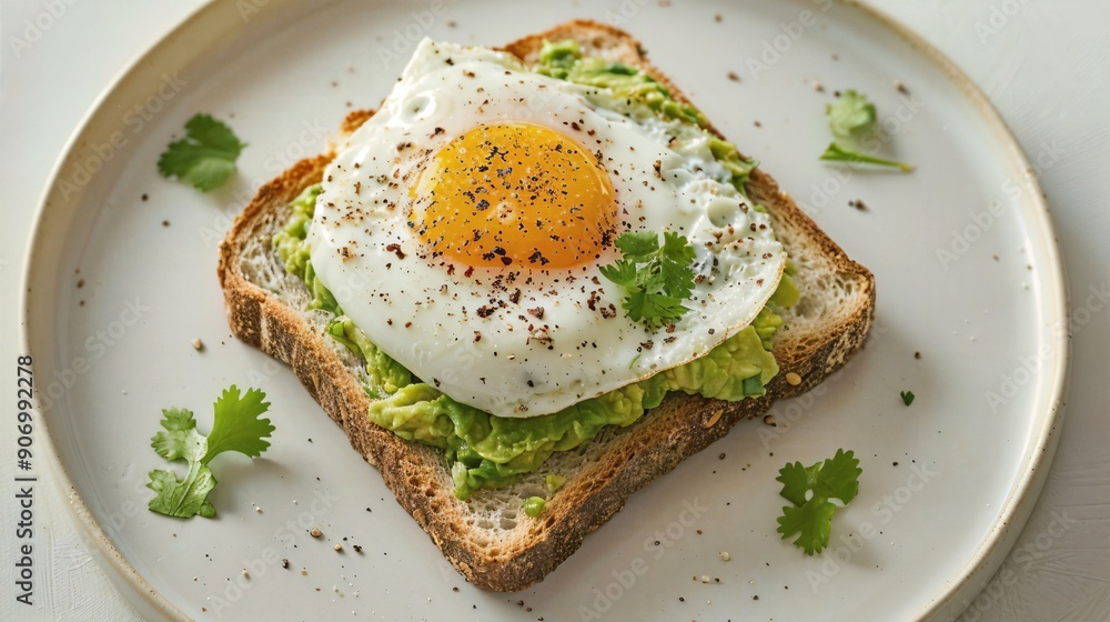 a white plate topped with a piece of toast and an egg