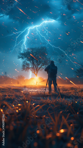 Photographer taking a picture of a tree being hit by a lightning photo