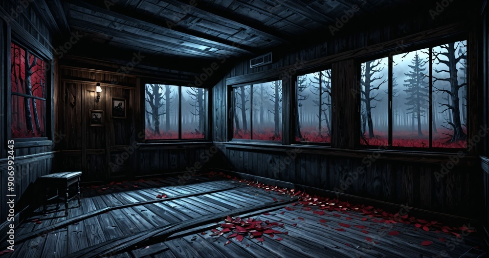 dark hallway corridor room in abandoned wooden cabin house in the woods forest during autumn sunset with red and orange fall trees. dark hallway corridor room in abandoned wooden cabin house in the woods forest during autumn sunset with red and orange fall trees.
