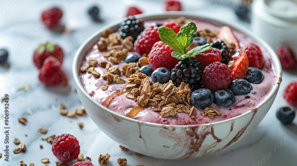 a bowl of yogurt topped with berries and granola a bowl of yogurt topped with berries and granola
