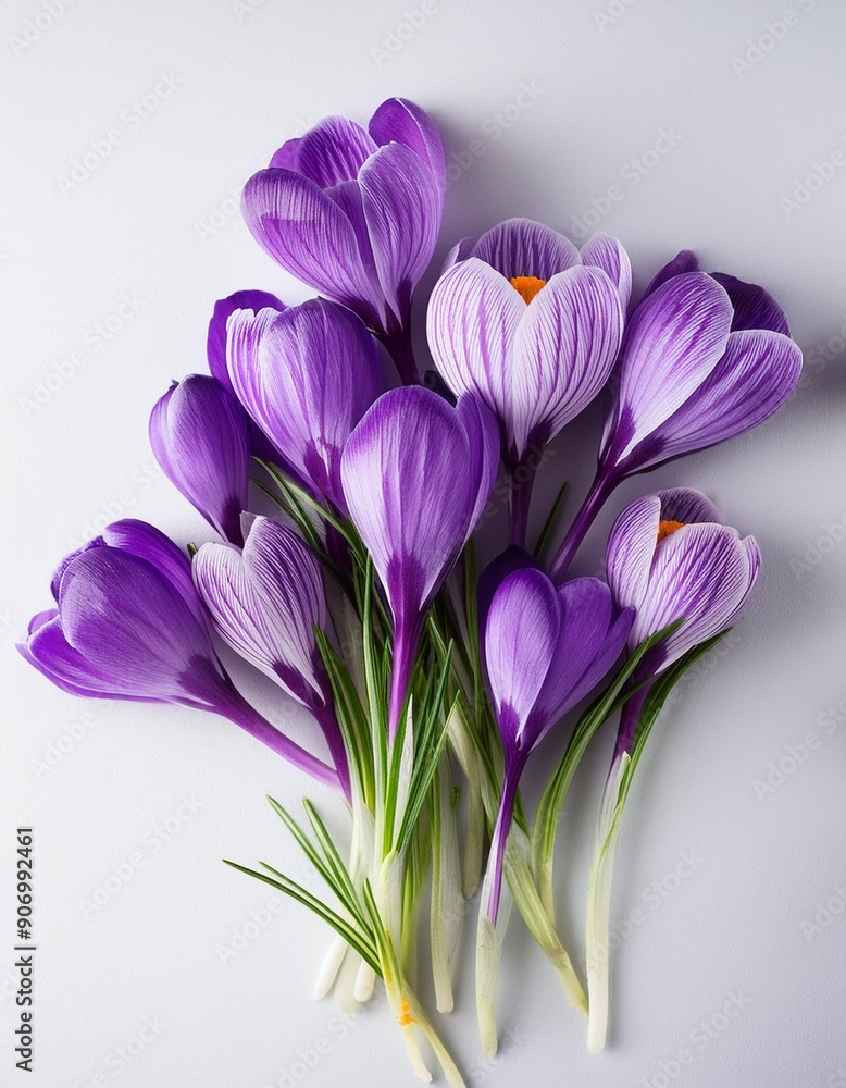 Violet crocuses on a white background. Spring flowers. Top view, flat lay Violet crocuses on a white background. Spring flowers. Top view, flat lay