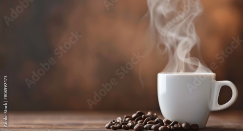 Hot Coffee Cup With Steam on Wooden Surface Surrounded by Coffee Beans