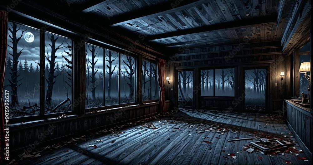 dark hallway corridor room in abandoned wooden cabin house in the woods forest during autumn sunset with red and orange fall trees. dark hallway corridor room in abandoned wooden cabin house in the woods forest during autumn sunset with red and orange fall trees.
