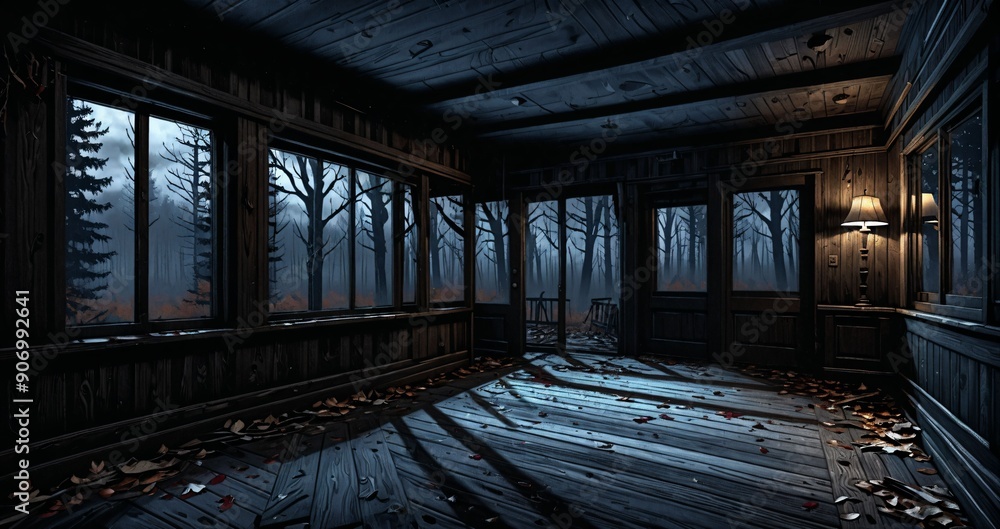 dark hallway corridor room in abandoned wooden cabin house in the woods forest during autumn sunset with red and orange fall trees. dark hallway corridor room in abandoned wooden cabin house in the woods forest during autumn sunset with red and orange fall trees.