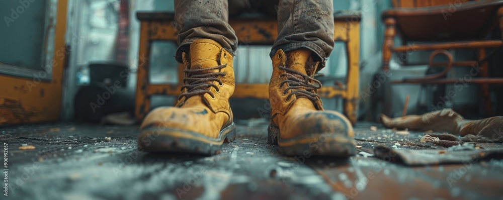 A close-up image of a person wearing worn-out yellow work boots, sitting in a cluttered and rustic workspace, surrounded by scattered tools and debris A close-up image of a person wearing worn-out yellow work boots, sitting in a cluttered and rustic workspace, surrounded by scattered tools and debris