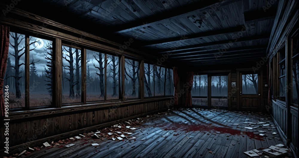 dark hallway corridor room in abandoned wooden cabin house in the woods forest during autumn sunset with red and orange fall trees. dark hallway corridor room in abandoned wooden cabin house in the woods forest during autumn sunset with red and orange fall trees.