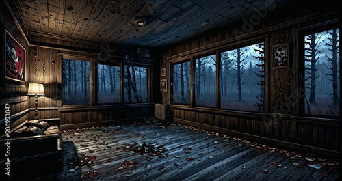 dark hallway corridor room in abandoned wooden cabin house in the woods forest during autumn sunset with red and orange fall trees.
