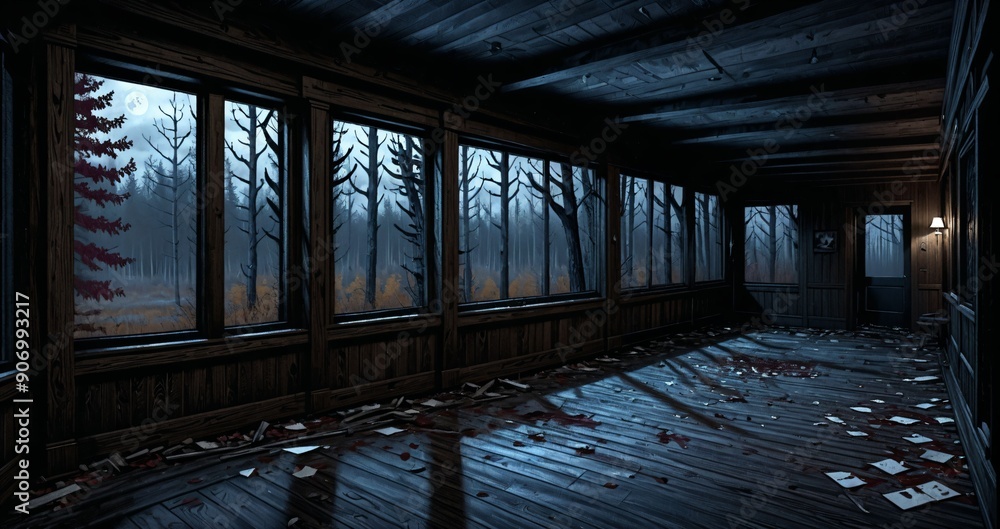 dark hallway corridor room in abandoned wooden cabin house in the woods forest during autumn sunset with red and orange fall trees. dark hallway corridor room in abandoned wooden cabin house in the woods forest during autumn sunset with red and orange fall trees.