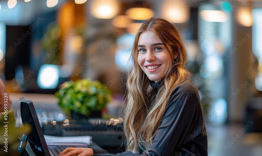 Smiling receptionist woman at hotel front desk, welcoming. Free copy space for text. Smiling receptionist woman at hotel front desk, welcoming. Free copy space for text.