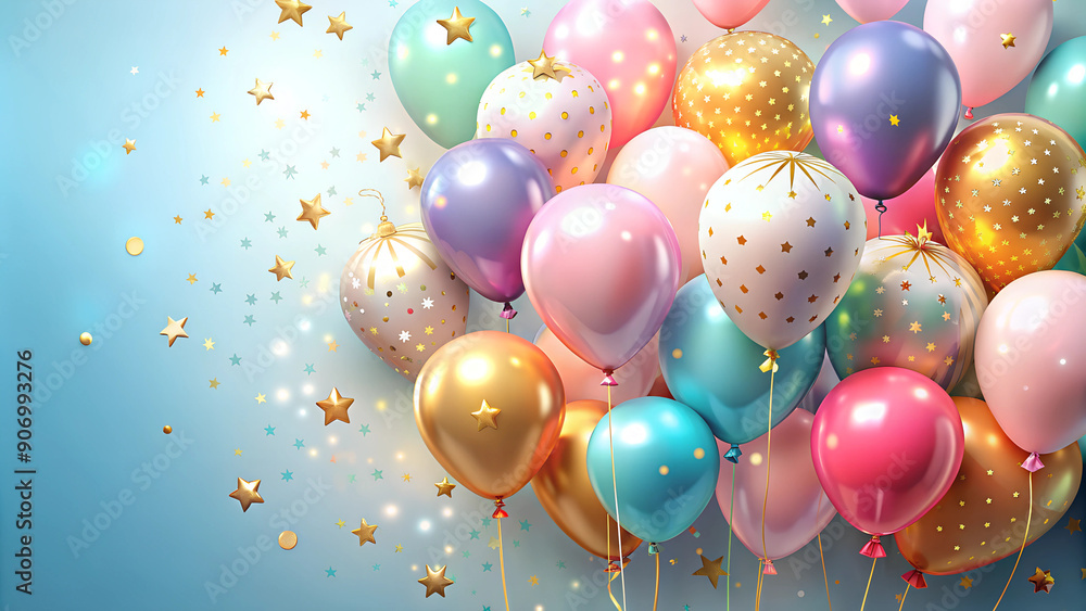 Vibrant Party Balloons with Confetti and Stars on Light Blue Background Vibrant Party Balloons with Confetti and Stars on Light Blue Background