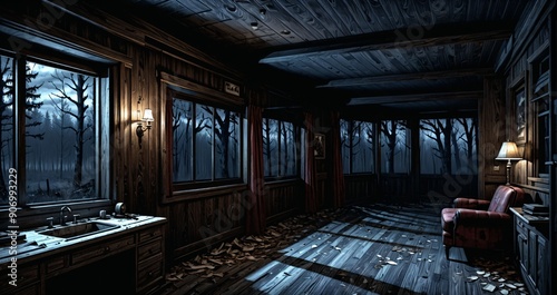 dark hallway corridor room in abandoned wooden cabin house in the woods forest during autumn sunset with red and orange fall trees.
