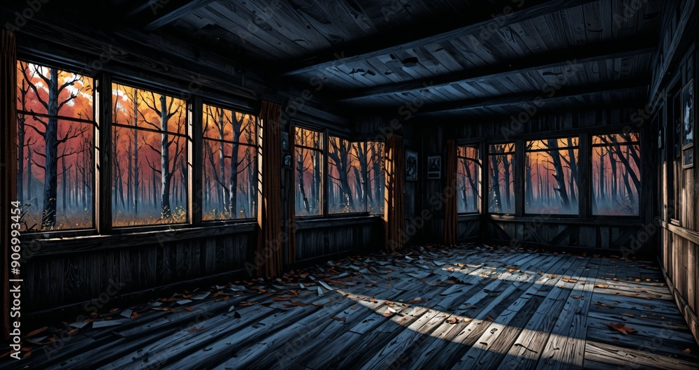 dark hallway corridor room in abandoned wooden cabin house in the woods forest during autumn sunset with red and orange fall trees. dark hallway corridor room in abandoned wooden cabin house in the woods forest during autumn sunset with red and orange fall trees.