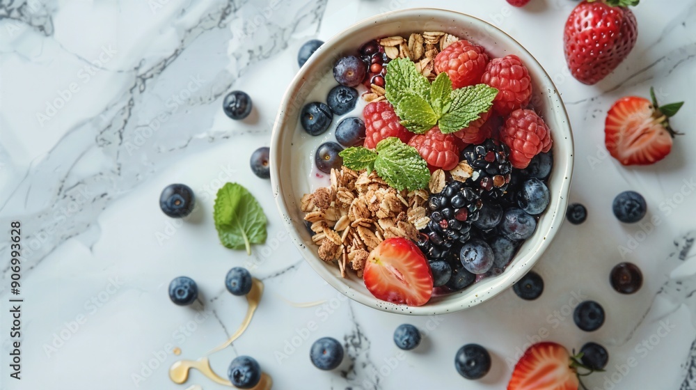 a bowl of granola with berries, blueberries, raspberries, and a bowl of granola with berries, blueberries, raspberries, and
