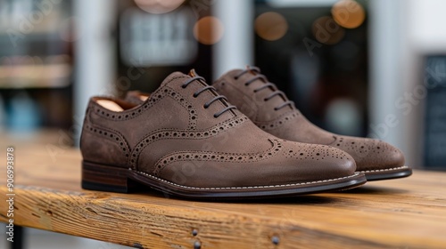 Classic Brown Leather Dress Shoes on Polished Wooden Surface