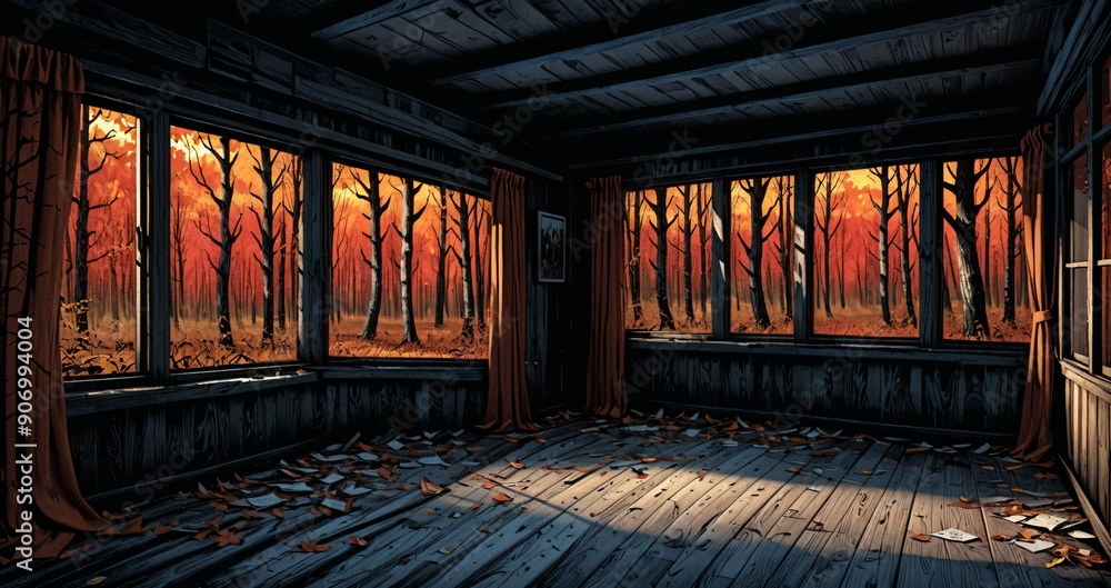 dark hallway corridor room in abandoned wooden cabin house in the woods forest during autumn sunset with red and orange fall trees. dark hallway corridor room in abandoned wooden cabin house in the woods forest during autumn sunset with red and orange fall trees.