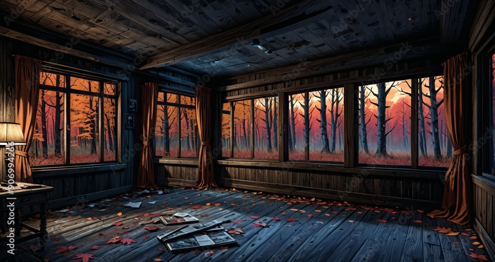 dark hallway corridor room in abandoned wooden cabin house in the woods forest during autumn sunset with red and orange fall trees. dark hallway corridor room in abandoned wooden cabin house in the woods forest during autumn sunset with red and orange fall trees.