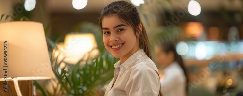 Smiling receptionist woman at hotel front desk, welcoming. Free copy space for text.