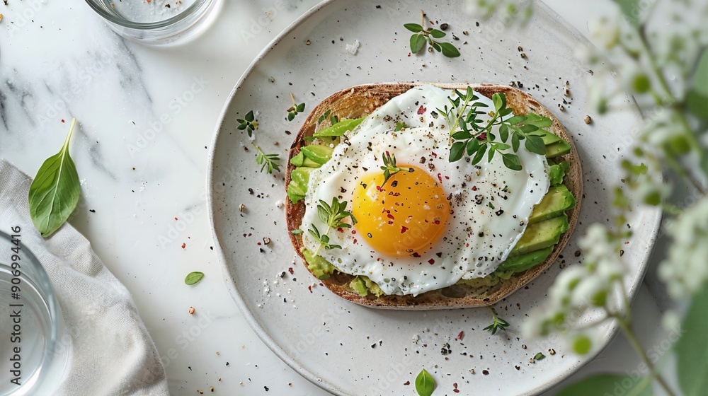 a white plate topped with an egg and avocado sandwich a white plate topped with an egg and avocado sandwich