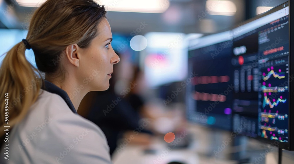 Woman Engaged in Creative Work at Modern Office With Digital Screens Woman Engaged in Creative Work at Modern Office With Digital Screens